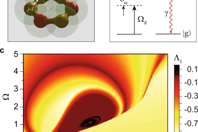 Schematic representation of interacting qubits and the largest Lyapunov exponent dependence on model parameters for the case of two qubits.