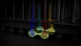 Schematic of the four-qubit quantum processor made using semiconductor manufacturing technology. credit Marieke de Lorijn for QuTech.