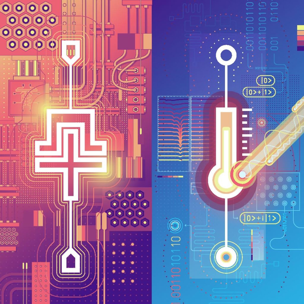 An artistic impression of the superconducting circuit used in the experiment by Scigliuzzo et al. (left), and of its capability of measuring thermal microwaves at the level of a single excitation quantum (right). Credit: neuroncollective.com / Chalmers University of Technology