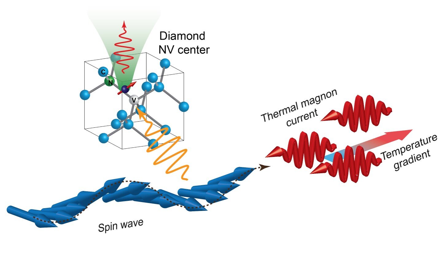 Probing thermal magnon current mediated by spin wave via diamond quantum spin sensor. 　Caption: This image shows the interaction between N-V centers, the thermal magnon current, and the low-energy spin waves (coherent magnons). Credit: Toshu An from JAIST