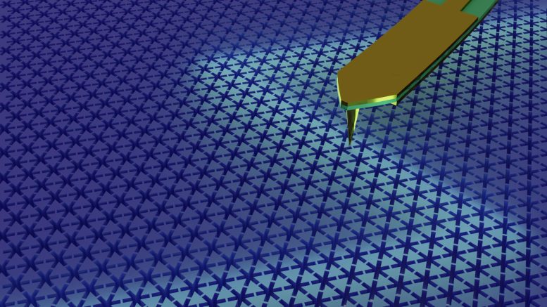 Schematic of a perfectly transmitted topological acoustic wave being imaged using a microwave microscope.