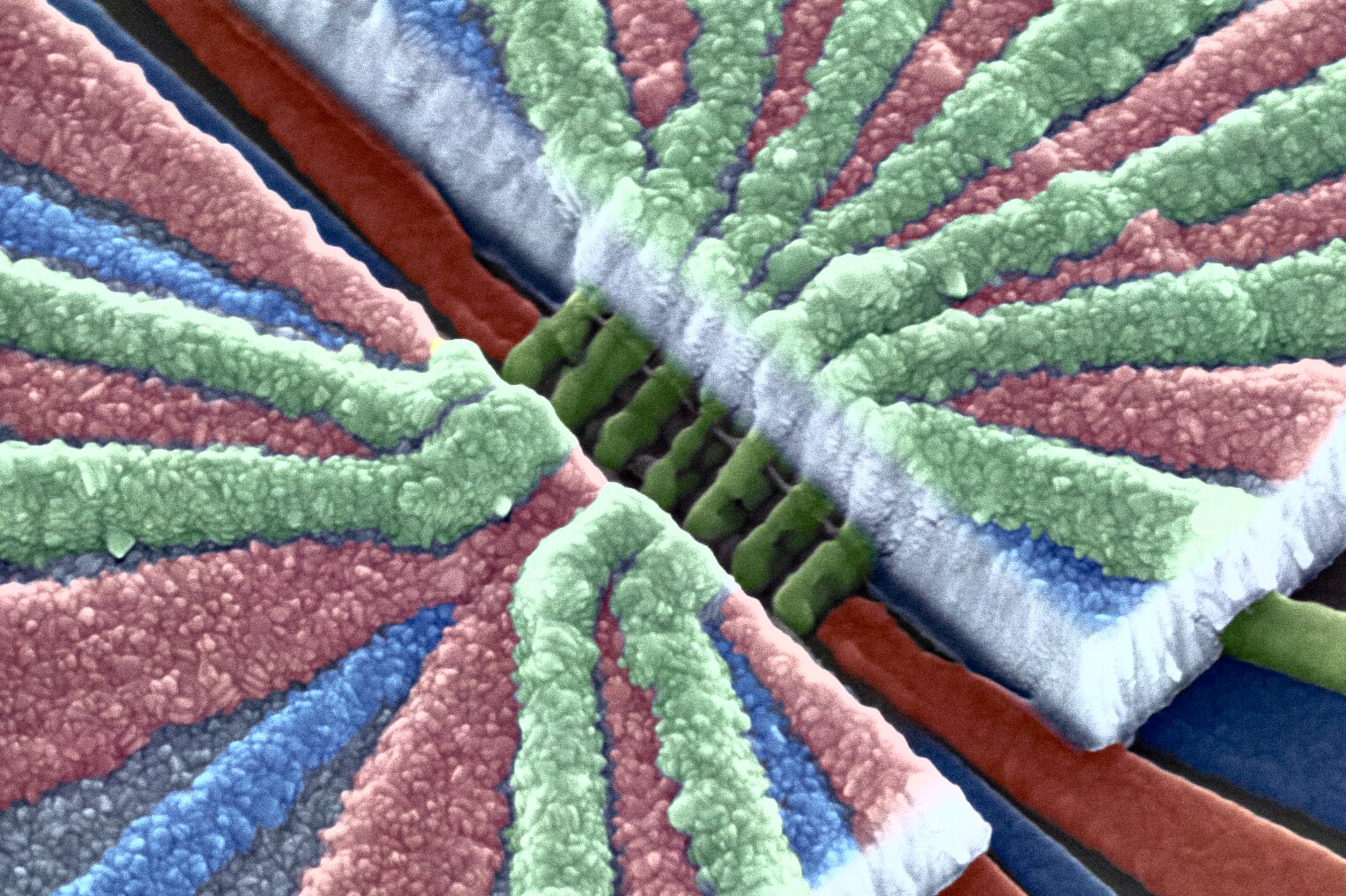 Silicon-based device in development for use in quantum computers. Gate electrodes shown in blue, red, and green are used to define the quantum dot potentials while the micromagnet on top provides a magnetic field gradient. The image was taken using scanning electron microscopy and the colors were applied for clarity. Credit: Adam Mills, Princeton University