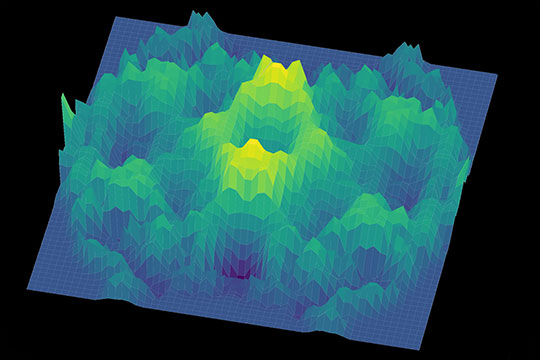 A 3D representation of the spin-excitation continuum -- a possible hallmark of a quantum spin liquid -- observed in 2019 in a single crystal sample of cerium zirconium pyrochlore. (Image by Tong Chen/Rice University)