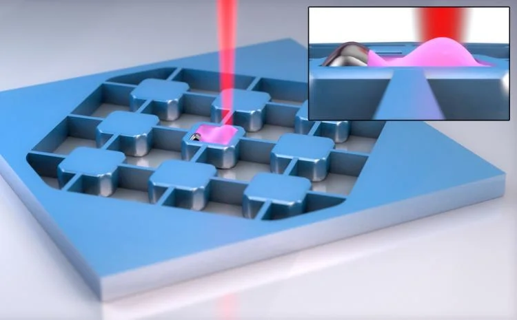 Artist's depiction of an electro-optic transducer, an ultra-thin device that can capture and transform the signals coming from a superconducting qubit. (Credit: Steven Burrows/JILA)