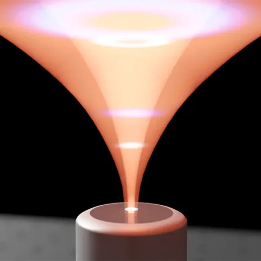 Conceptual render displaying the difference between a structured laser beam (magenta) and a two-photon quantum state of light being focused on a single mode fibre. Photo: Markus Hiekkamäki / Tampere University.