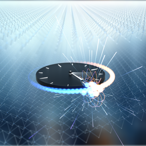 An artist’s impression of attosecond clocking. Electrons, represented in blue and orange, collide to produce bursts of light that reveal the interactions that govern quantum materials and the quantum information they support. Image credit: Brad Baxley (parttowhole.com)