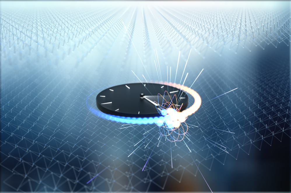 An artist’s impression of attosecond clocking. Electrons, represented in blue and orange, collide to produce bursts of light that reveal the interactions that govern quantum materials and the quantum information they support. Image credit: Brad Baxley (parttowhole.com)