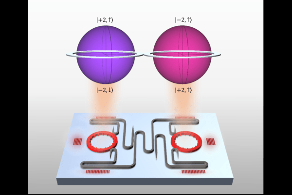 With only two levels of superposition, the qubits used in today’s quantum communication technologies have limited storage space and low tolerance for interference. The Feng Lab’s hyperdimensional microlaser (above) generates qudits, photons with four simultaneous levels of information. The increase in dimension makes for robust quantum communication technology better suited for real-world applications.