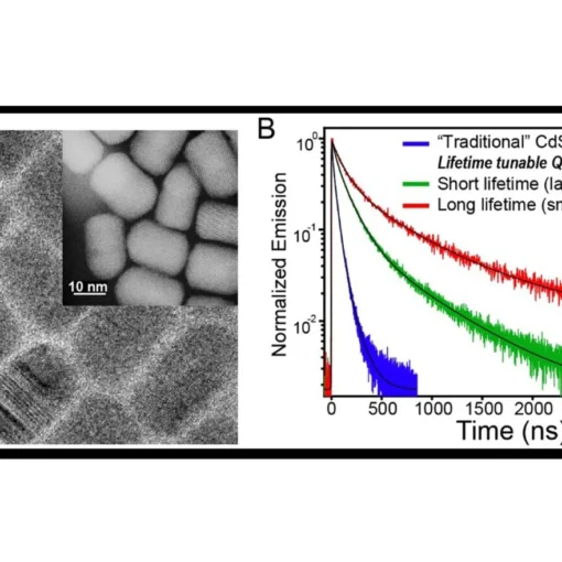 CdZnSe/CdZnS quantum dots (QDs) have a complex internal structure that extends the lifetime. (A) TEM analyses reveal a zinc selenide-rich core interior and a cadmium sulfide shell exterior. (B) Time resolved emission reveals lifetime tunability by simple alterations to the QD structure. The lifetimes can be 10-times greater compared with similar materials.