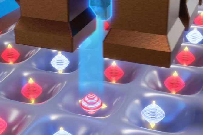 Researchers at the University of Rochester developed a new method for manipulating information in quantum systems by controlling the spin of electrons in silicon quantum dots. Electrons in silicon experience a phenomenon called spin-valley coupling between their spin (up and down arrows) and valley states (blue and red orbitals). When researchers apply a voltage (blue glow) to electrons in silicon, they harness the spin-valley coupling effect and can manipulate the spin and valley states, controlling the electron spin. (University of Rochester illustration / Michael Osadciw)