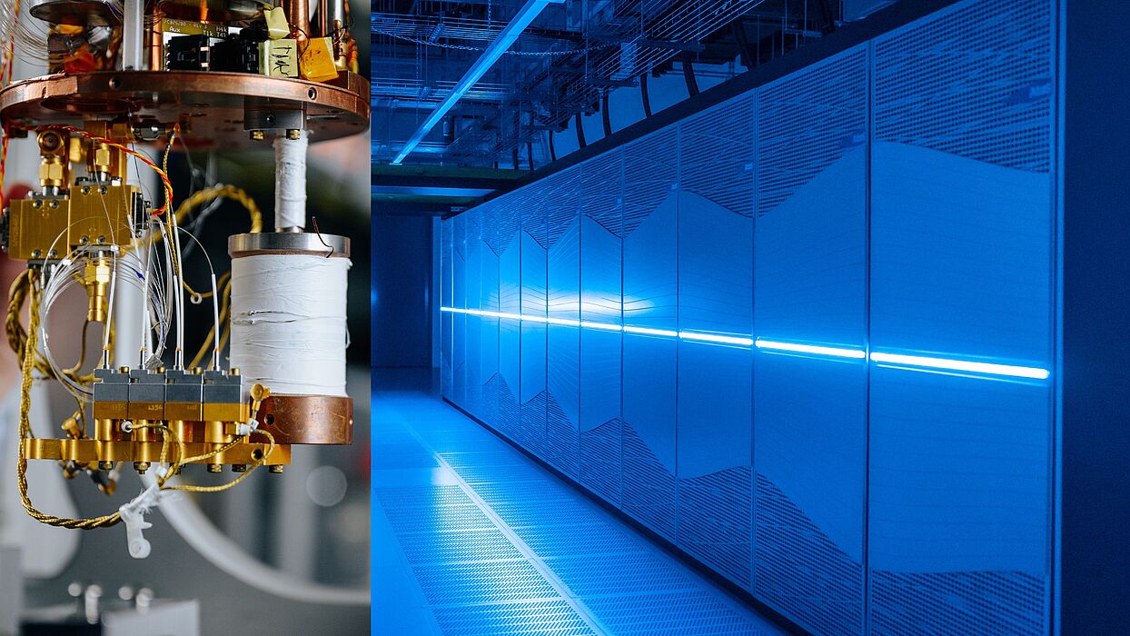 Photo (Paderborn University, Hennig/Mazhiqi): Scientists at Paderborn University have for the first time used high-performance computing (on the right in the picture the Paderborn supercomputer Noctua) to analyse a quantum photonics experiment on a large scale.