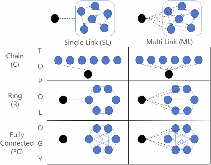 Summary of interaction topologies and input couplings used throughout the paper.
