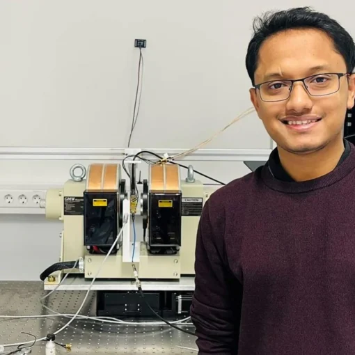 Ashish Moharana, PhD student in the research group of Professor Angela Wittmann, in front of the experimental setup. Credit: Shaktiranjan Mohanty