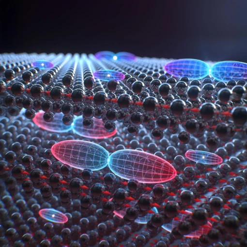 The illustration shows the layers of semiconductor crystal stacked together. Electron orbitals within the layers are represented as sitting atop them. The double-lobed orbitals indicate the locations of excited electrons while single ellipsoids show the ground state, where empty spaces called holes are left behind. Although similar orbitals might be expected running front to back, or in and out of the layers, the research team co-led by the University of Regensburg and University of Michigan showed why excited electrons are mainly funneled into one orientation of this orbital. Credit: Brad Baxley, Part to Whole, edited; Copyright: DOI: 10.1038/s41563-025-02120-1