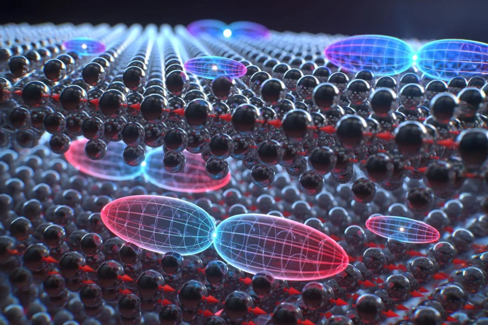 The illustration shows the layers of semiconductor crystal stacked together. Electron orbitals within the layers are represented as sitting atop them. The double-lobed orbitals indicate the locations of excited electrons while single ellipsoids show the ground state, where empty spaces called holes are left behind. Although similar orbitals might be expected running front to back, or in and out of the layers, the research team co-led by the University of Regensburg and University of Michigan showed why excited electrons are mainly funneled into one orientation of this orbital. Credit: Brad Baxley, Part to Whole, edited; Copyright: DOI: 10.1038/s41563-025-02120-1