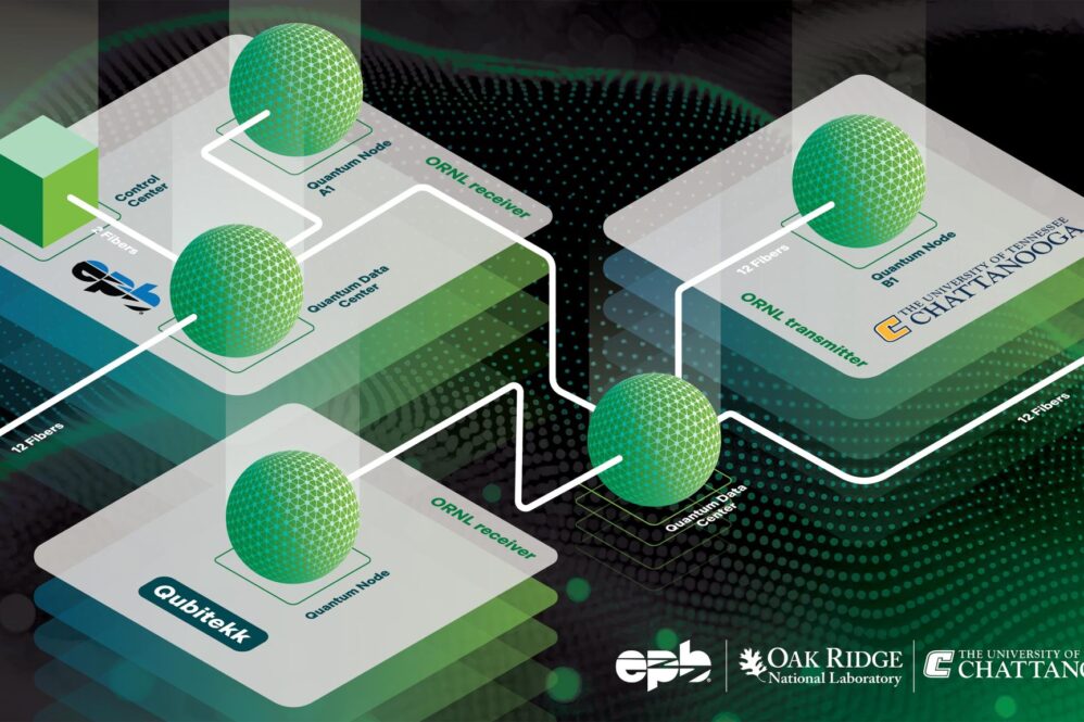 Oak Ridge National Laboratory collaborated with commercial utility EPB and the University of Tennessee Chattanooga to develop and test the first transmission of an entangled quantum signal using multiple wavelength channels and automatic polarization stabilization over a commercial network with no downtime. Credit: Morgan Manning/ORNL, U.S. Dept. of Energy